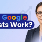 A professional woman with glasses smiling next to a large blue text bubble that asks "Do Google Posts Work?" with a Google "G" logo and a rising growth chart in the background. The DynaByte logo is visible in the bottom right corner.